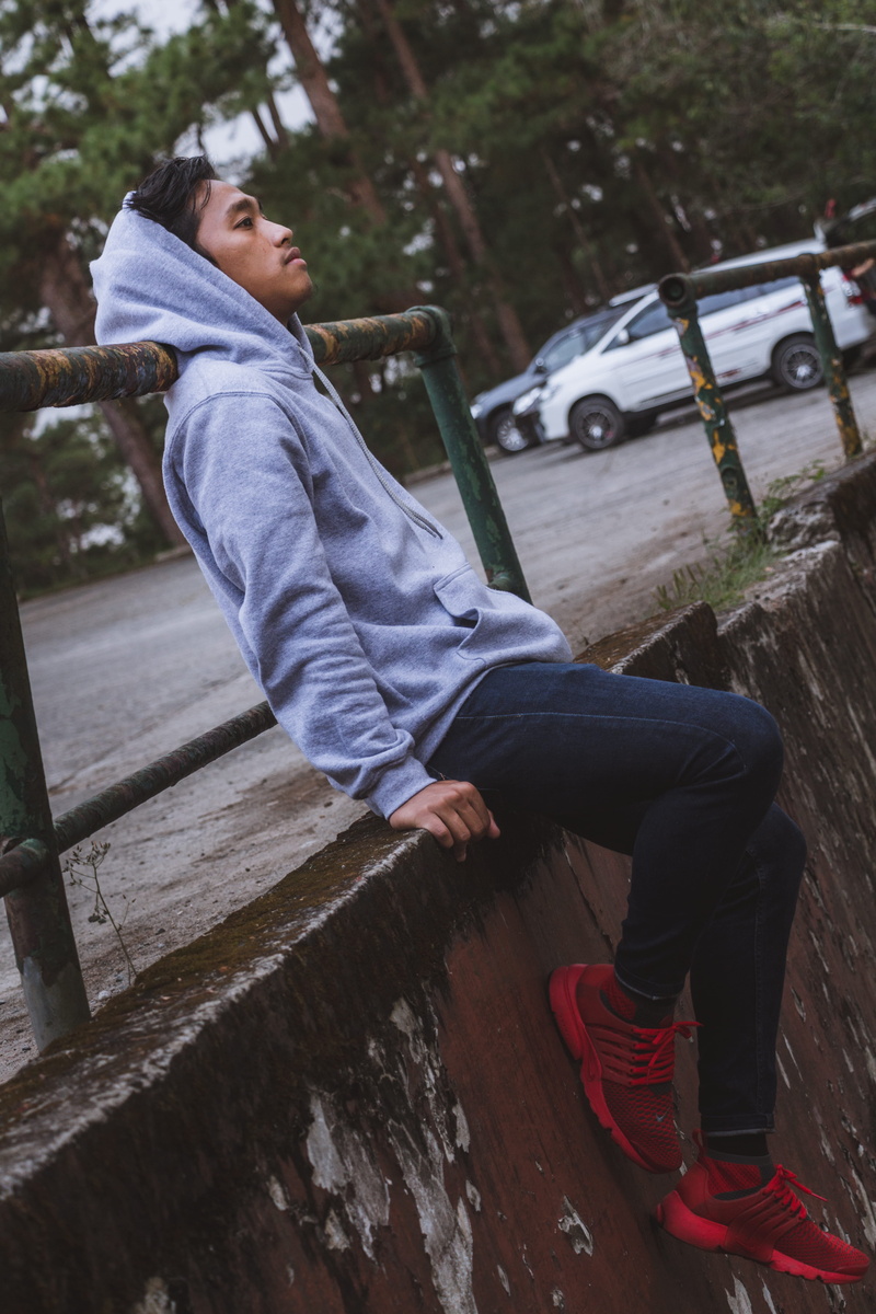 sitting, nature, real people, boy, hooded, men, picture, camp john hay, males, philippines, day, one person, photographer, jeans, man, photography, serios