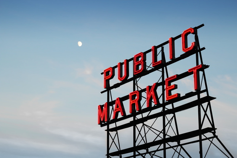 cloud - sky, united states, global communications, text, washington state, dusk, signage, low angle view, sign, seattle, neon sign, billboard, architecture