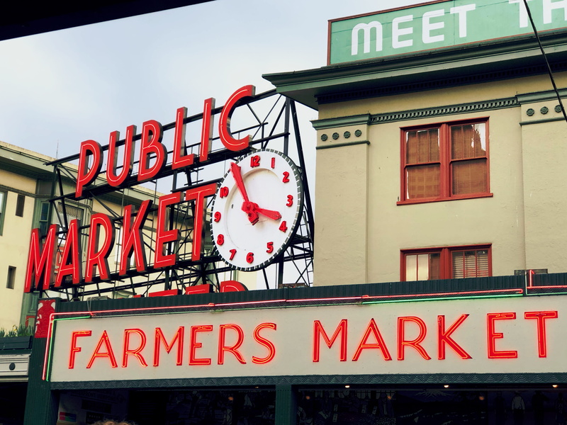 commercial sign, seafood, tourist, city, non-western script, urban, neon, capital letter, market, 4K, seattle, western script, low angle view, sign, pike
