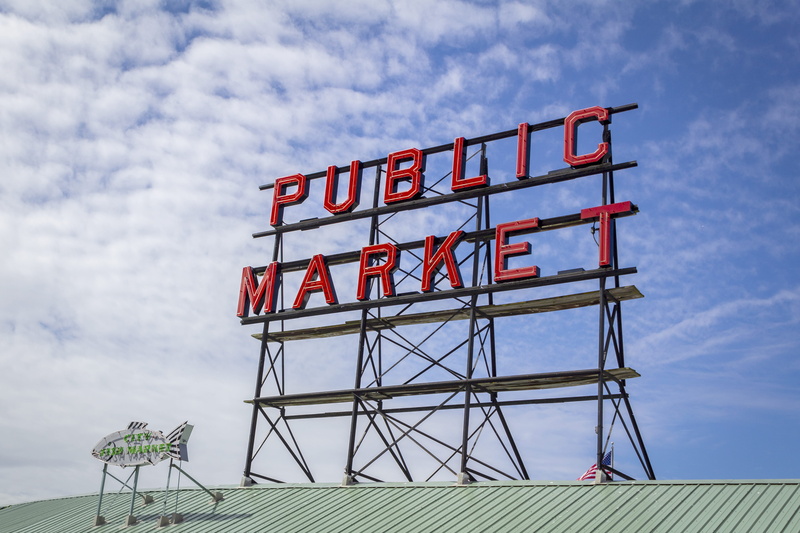 architecture, market, typography, metal, pike place market, communication, sign, public market, blue, nature, day, text, red, pikeplacemarket, united states
