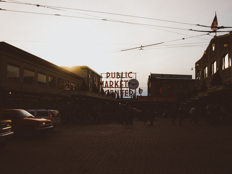 building, seattle, incidental people, 1080P, pike place, mode of transportation, sky, electricity, sunset, motor vehicle, warm, united states, connection