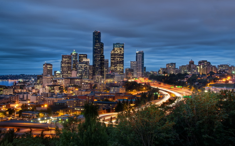 Seattle, building, architecture, outdoors, building exterior, office building exterior, Downtown, residential district, skyline, illuminated, cityscape