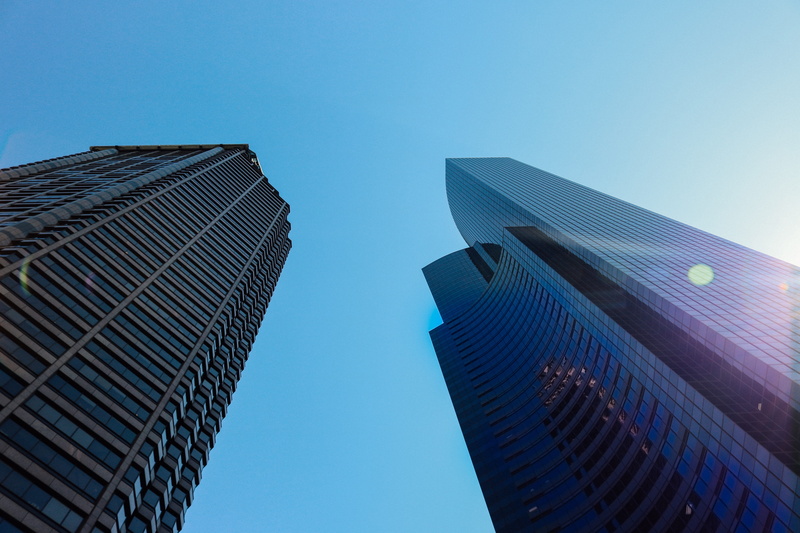 glass - material, clear sky, no people, low, built structure, office building exterior, downtown, cityscape, skyscraper, office building, washington, nature
