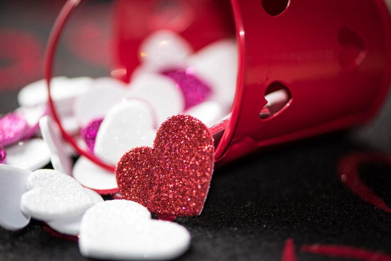 pail, emotion, bucket, cutouts, poured, heart shape, red, glitter, sweet food, photo, white, filled, food and drink, 5K, no people, studio shot, decors