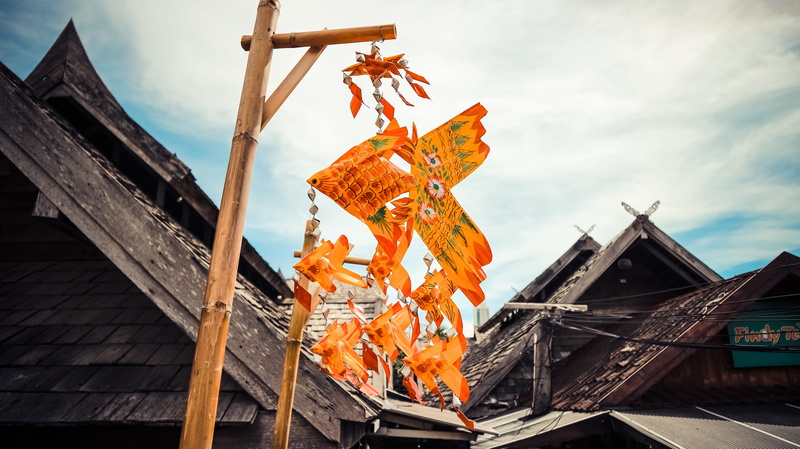 built structure, people, floating market, religion, water, architecture, orange color, travel, art and craft, outdoors, bazaar thailand, 5K, sky, cloud - sky