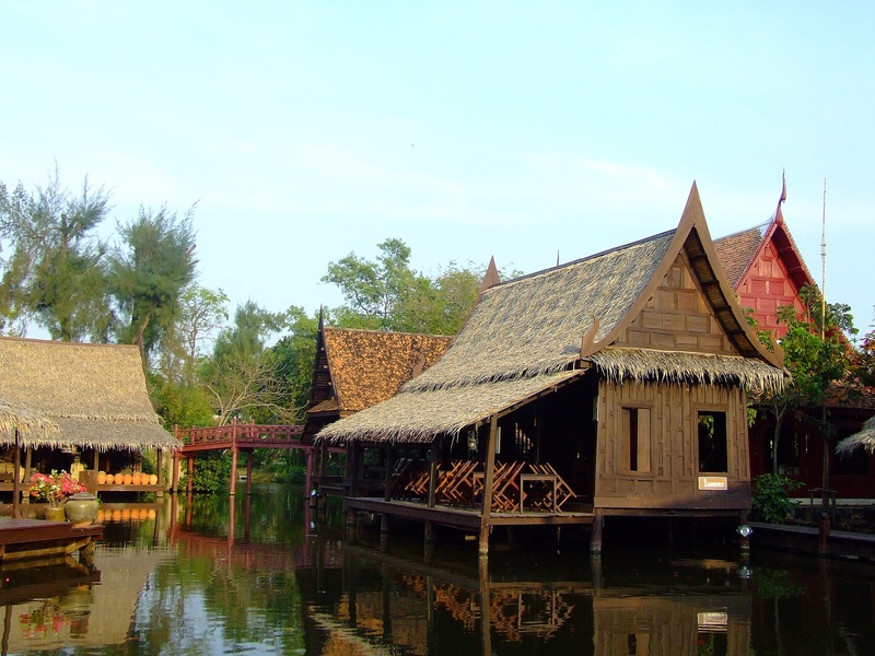 place of worship, plant, waterfront, wooden, built structure, houses, river, thatched roof, religion, water, no people, thai, building, floating, tree