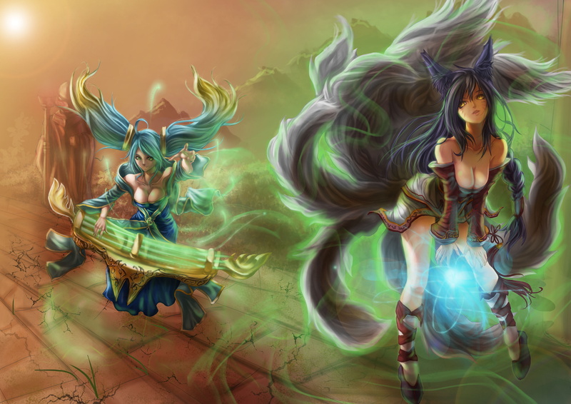 League Of Legends, Sona (League Of Legends), Purple Hair, Ahri (League Of Legends), Magic, Blue Hair, Tail, Video Game, 2K, Animal Ears