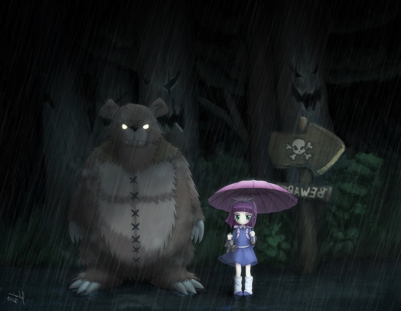league of legends video games annie my neighbor totoro, umbrella, wet, security, safety, full length, outdoors, art and craft, real people, illuminated