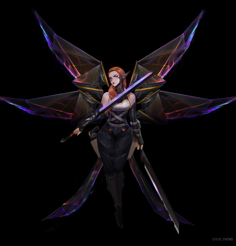 illustration, Riot Games, artwork, black clothing, purple eyes, digital art, concept art, sword, Kayle (League of Legends), video game characters, fan art