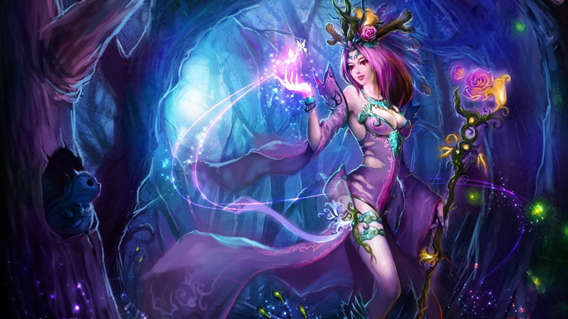 magic, league, trees, forest, women, lulu, fantasy, legends, art, 1080P