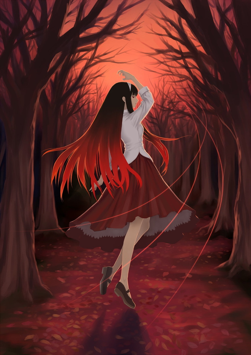 forest, Lunar Legend Tsukihime, Tohno Akiha, anime, 720P, anime girls, red eyes, redhead, long hair