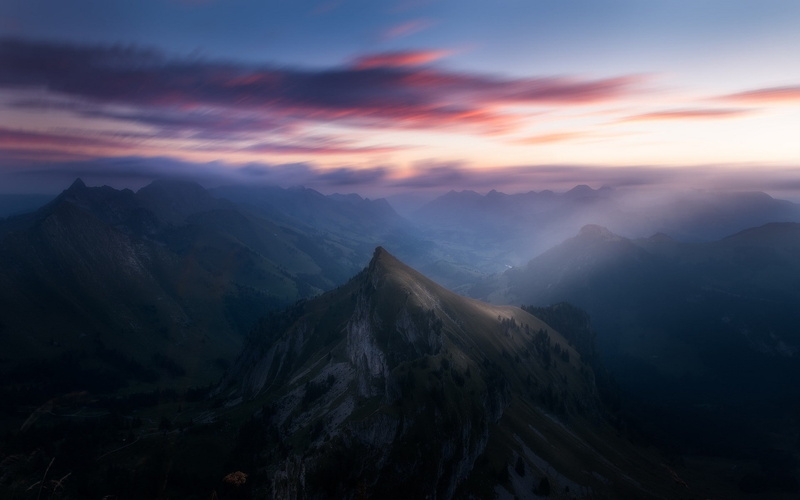 nature, landscape, morning, valley, Switzerland, sun rays, mist, Alps, clouds, blurred, sunlight, 1080P, mountains