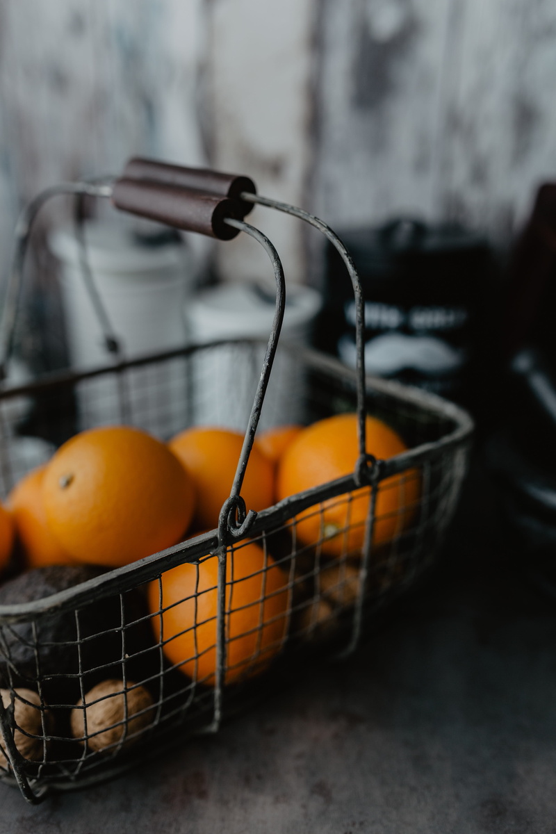 basket, breakfast, metal, close-up, food, wicker, orange, selective focus, day, orange color, fresh, food and drink, no people, 5K, freshness, still life