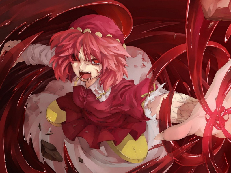 mitori, long, video, open, short, destruction, touhou, arms, 720P, games, kappa, anime, spread, stones, pink, mouth, red, sclera, tears, angry, action