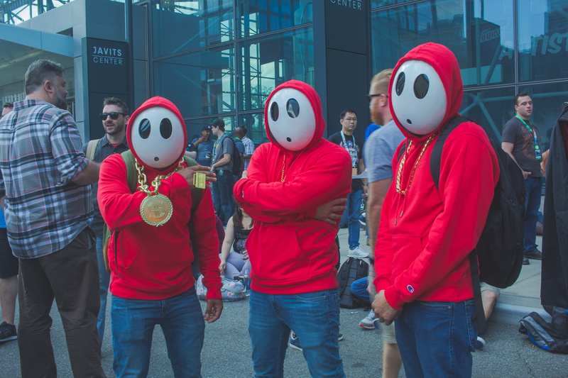 people, childhood, building exterior, shy guy, women, ny, group of people, 5K, nintendo, leisure activity, nyc, red, fly guys, cosplay, built structure