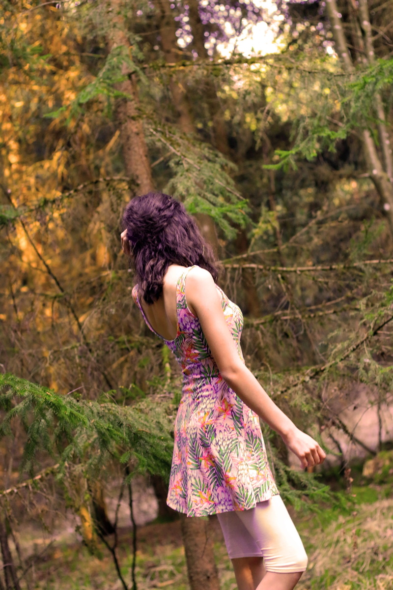 hairstyle, contemplation, fashion, tree, poznan, real people, forest, standing, woman, hair, female, lifestyles, three quarter length, land, nature, casual clothing