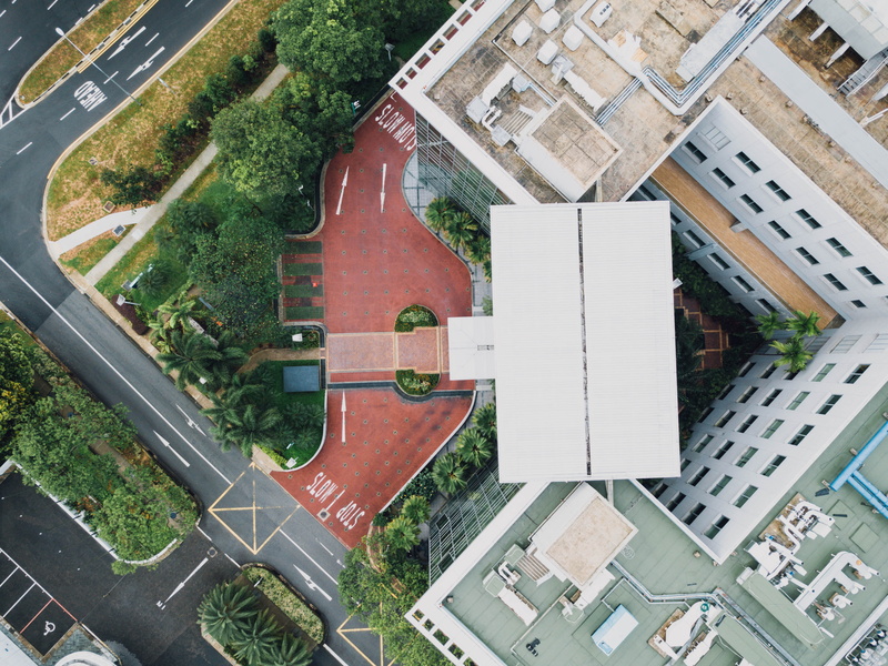 courtyard, architecture, plant, white, drone, town, street, urban, outdoors, aerial view, day, high angle view, 4K, tree, building, city, house, nature