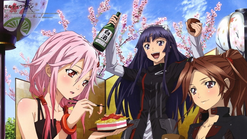 Pink Hair, Brown Eyes, Red Eyes, Brown Hair, Long Hair, Anime, Tsugumi (Guilty Crown), Inori Yuzuriha, Blush, Ponytail, Purple Hair, Guilty Crown, Cake