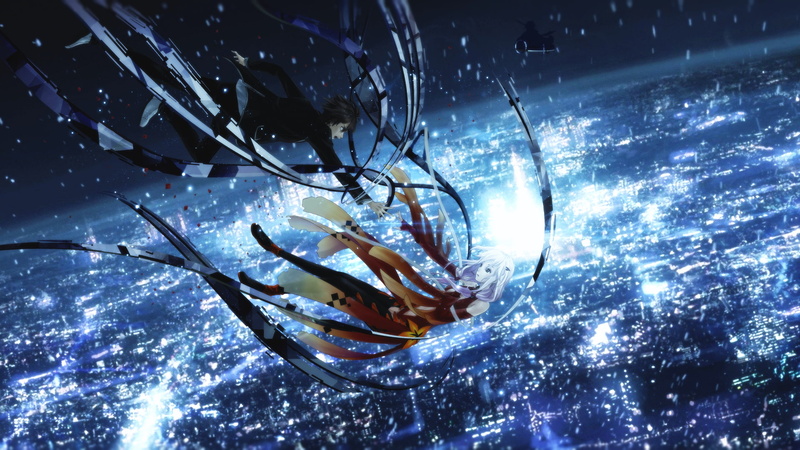 1080P, sky, anime, anime girls, Yuzuriha Inori, artwork, city, landscape, stars, Ouma Shuu, Guilty Crown
