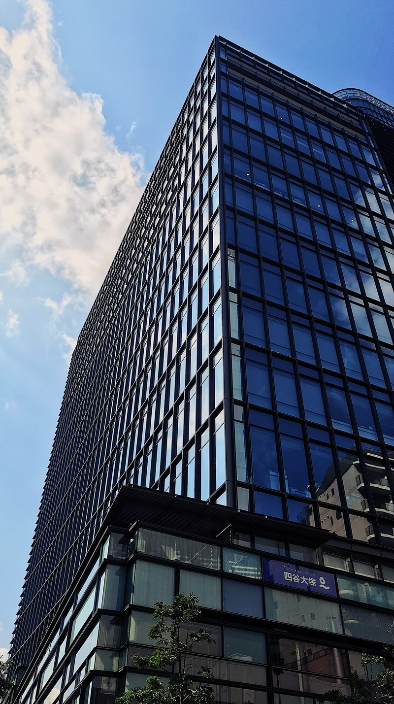 built structure, day, corner, handrail, window, office building exterior, urban, japan, banister, steeple, tower, outdoors, reflection, building exterior