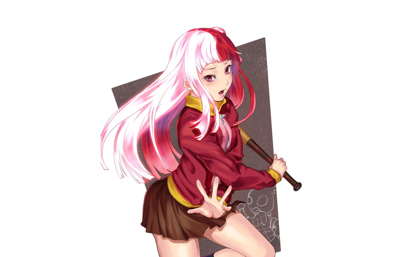 young women, cut out, three quarter length, holding, white background, clothing, obscured face, lifestyles, wig, red, costume, akibas trip anime girls manseika matome
