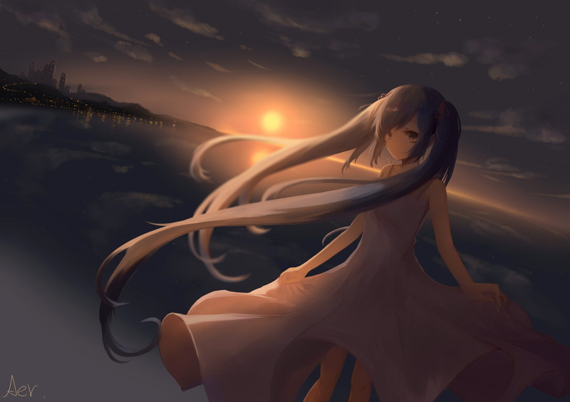 close-up, lens flare, leisure activity, beauty in nature, beautiful woman, Anime, sunset, outdoors, real people, women, adult, vocaloid, lifestyles, young women