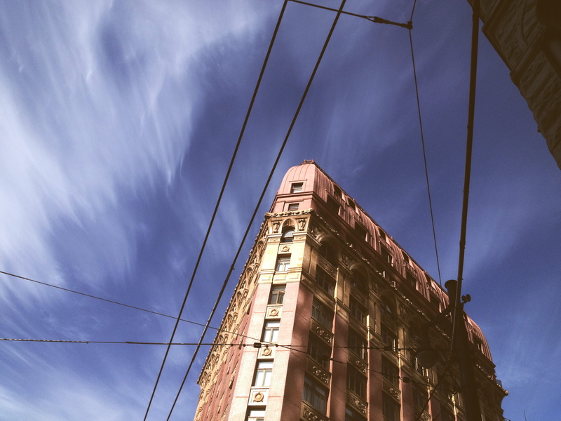 bluesky, building, cable, mode of transportation, hastings, blue, power line, architecture, lines, central, clouds, vancouver, power supply, office building exterior