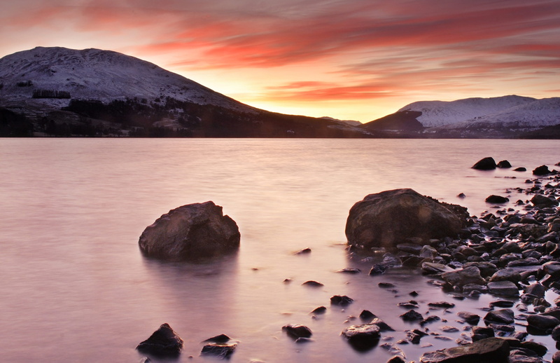 stone - object, beside, scenery, tranquility, rock - object, 2K, sunset, loch earn, landscape, water, nature, mountains, earn, romantic sky, photography