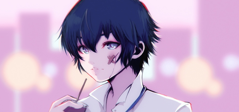 shirt, short hair, Persona series, 4K, anime girls, drink, anime, Shin Megami Tensei Series, blue eyes, blue hair, looking at viewer, blood
