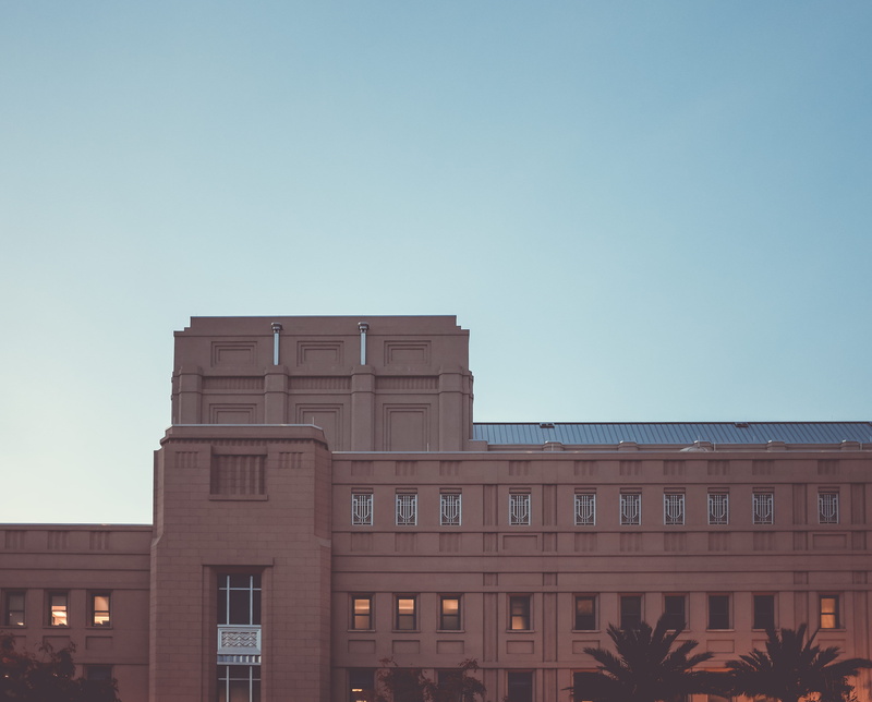no people, day, sky, building, building exterior, blue, nature, palm tree, window, outdoors, city, sunlight, the smith center, architecture, built structure