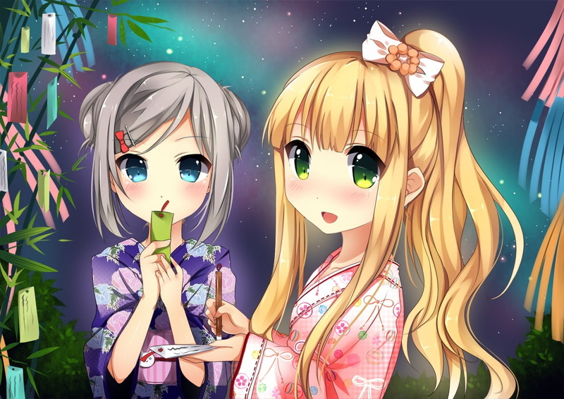 blonde, 480P, kimono, blue eyes, Hentai Ouji to Warawanai Neko, green eyes, Azuki Azusa, anime girls, long hair, Tsutsukakushi Tsukiko