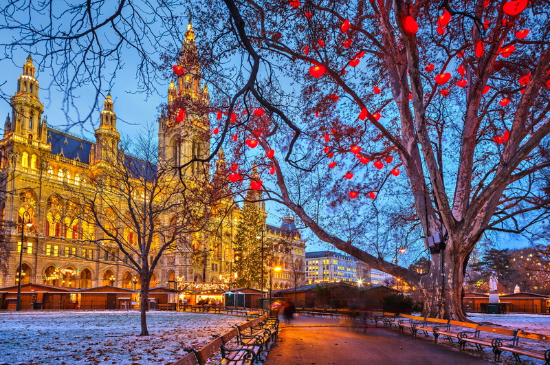 holiday, tower, no people, cultures, backlight, park - Man Made Space, Vienna, tourism, winter, street, sky, travel, night, europe, trees, benches, outdoors