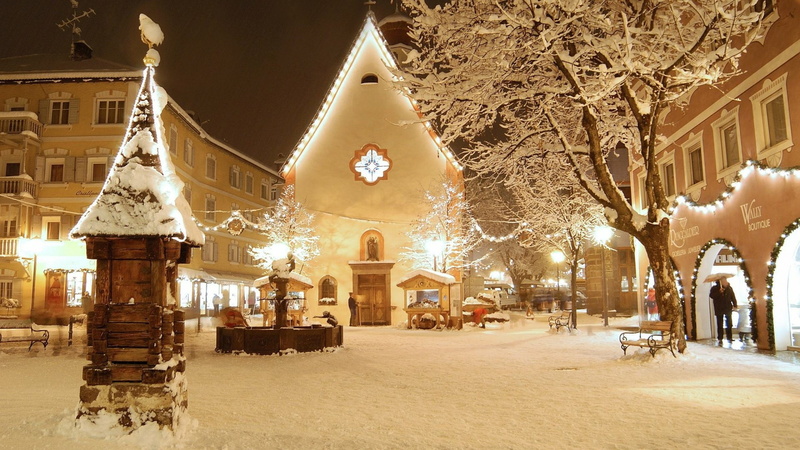 celebration, lighting equipment, snow, cold temperature, christmas lights, holiday, architecture, evening, street, city, plaza, wood, house, building, night