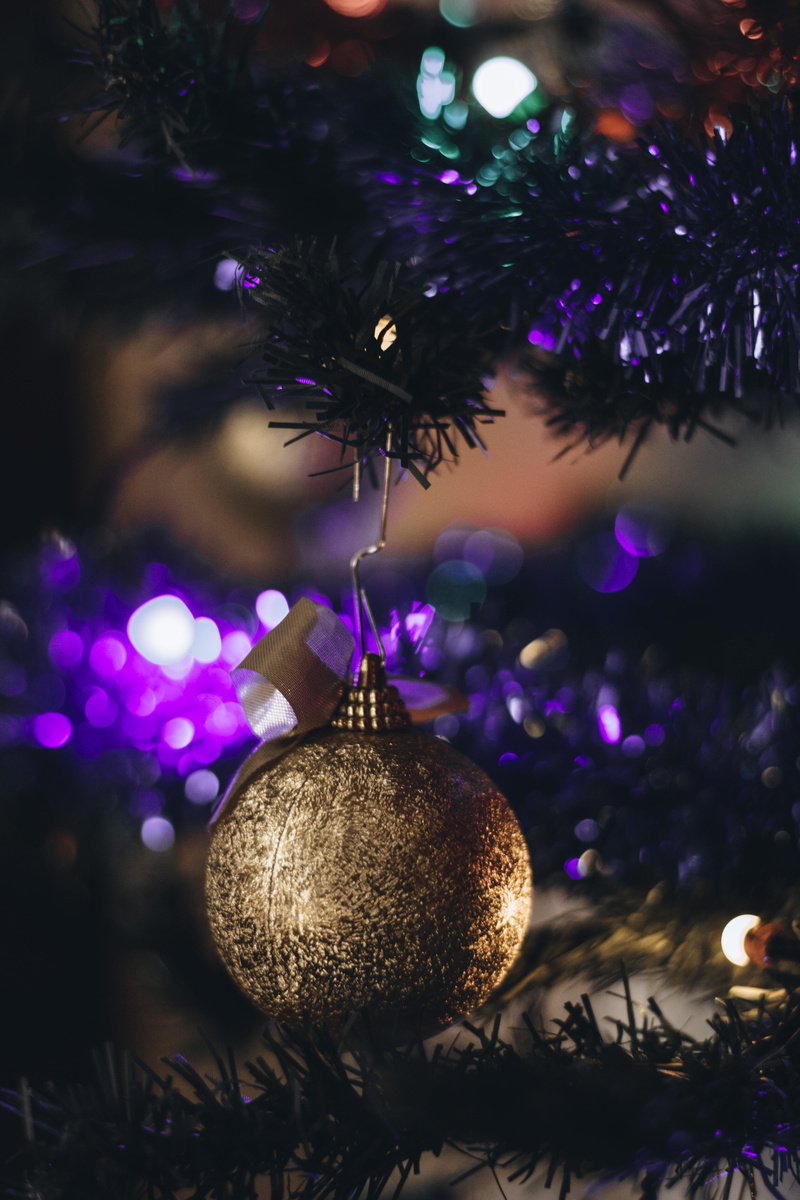 christmas ornament, night life, light, sphere, christmas, hanging, fir, holiday - event, crowd, event, glitter, purple, close-up, home decor, gold, tree