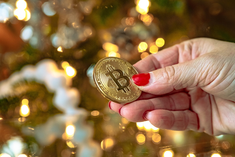 holding, lights, christmas tree, currency, festive, coin, hand, decoration, finger, christmas, focus on foreground, gold colored, tree, human hand, bitcoin