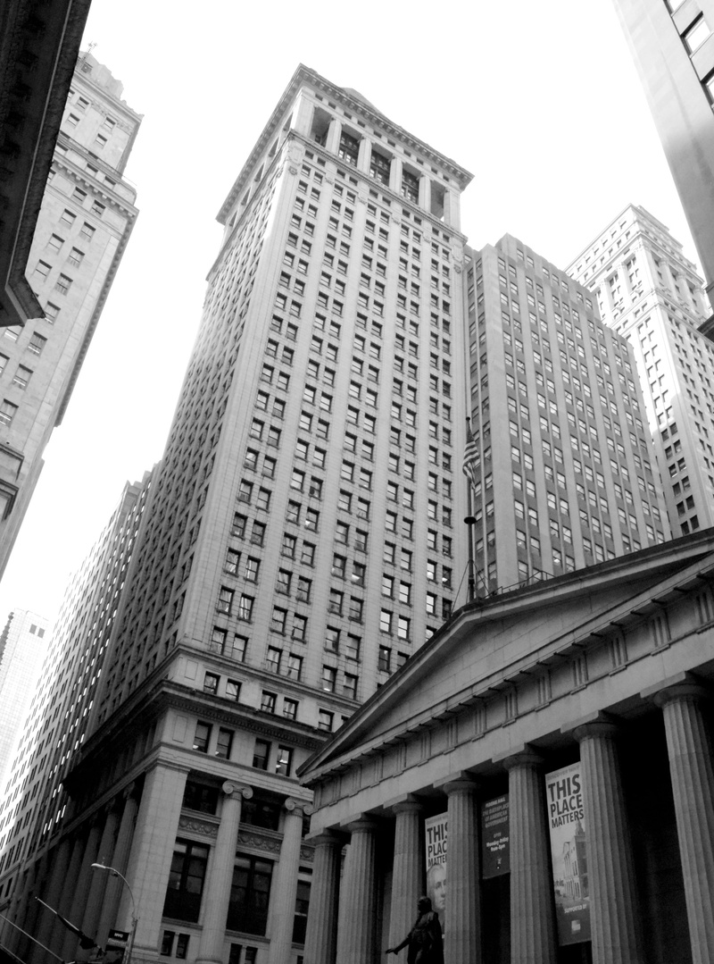 office building exterior, residential district, outdoors, stock exchange, architectural column, window, buildings, financial district, black and white