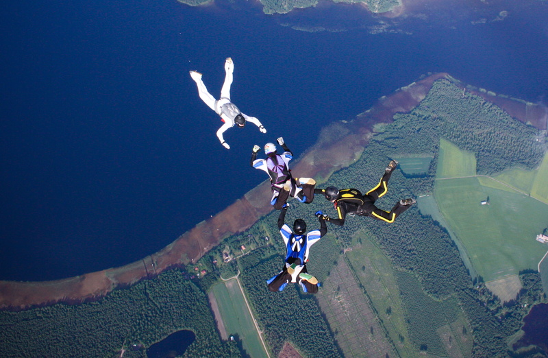 container, parachute, home, sheds, formation skydiving, lake, parachuting, farm, 2K, extreme sports, 4-way FS, skydivers, helmet