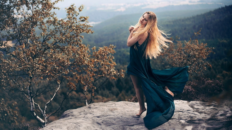 long hair, barefoot, fall, bare shoulders, closed eyes, model, forest, blonde, dress, 1080P, leaves, trees, windy, rock, women, women outdoors, nature