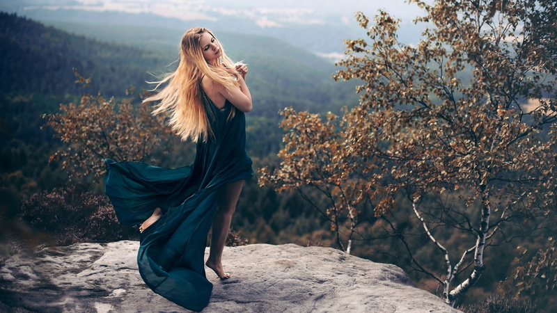Long Hair, forest, Barefoot, landscape, Bare Shoulders, 1080P, model, dress, nature, rock, Fall, Windy, Trees, Closed Eyes, leaves, women, Blonde, Women