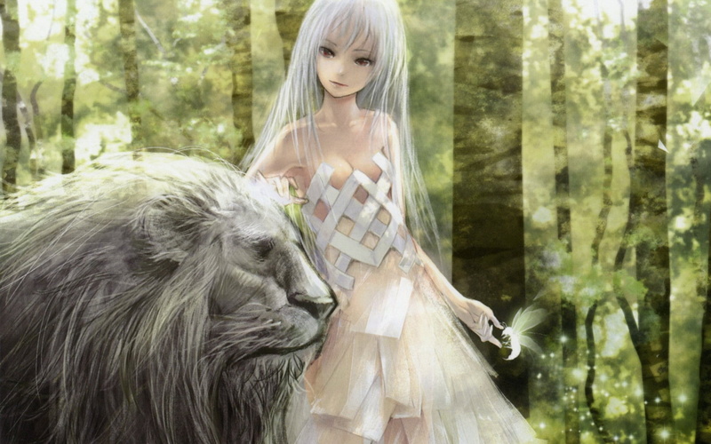 nature, anime, lions, cleavage, forests, long, red, insects, animals, girls, white, hair, 1080P, eyes, dress, redjuice