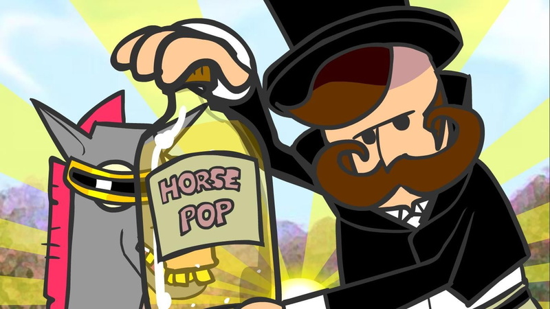 pop, bottle, low angle view, outdoors, male likeness, 720P, wine, communication, cartoon, illustration, sign, art and craft, horse, creativity, human representation