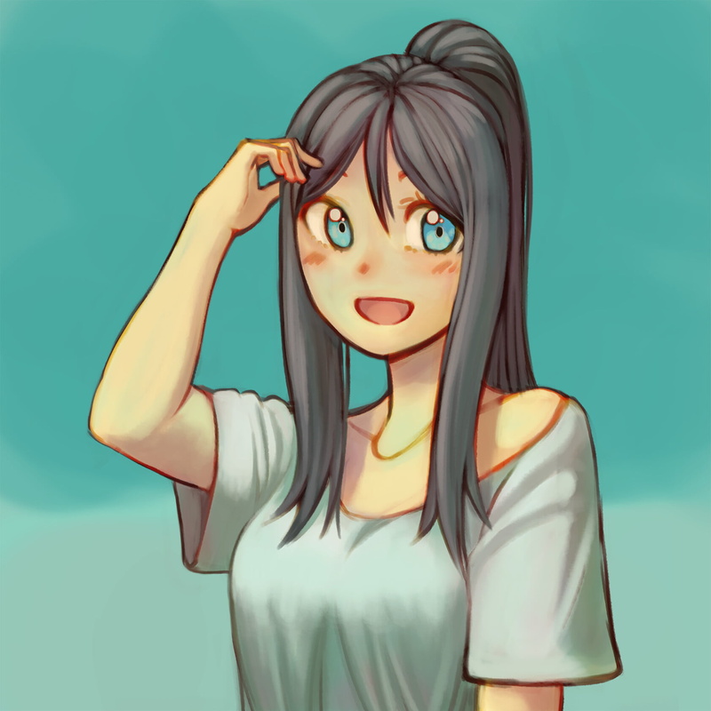 blue eyes, artwork, hair, ArtStation, digital art, touching hair, blue background, face, simple background, white t-shirt, women, drawing, 720P, Chiizu (Artist)