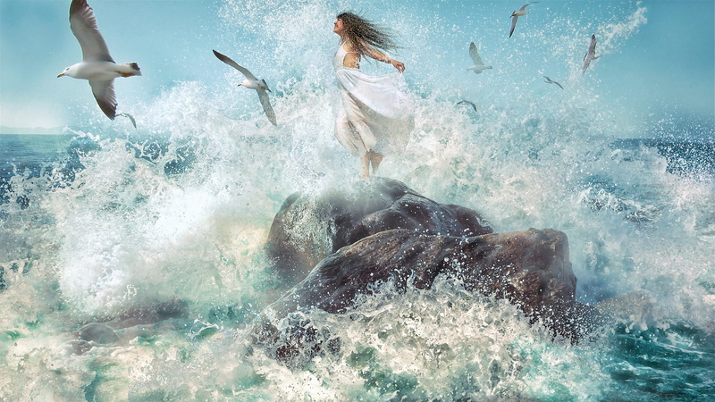 fly, digital composite, emotion, bird, sea, blue sky and white clouds, wave, flight, body, young adult, 1080P, flying, water, the waves, simple, one person