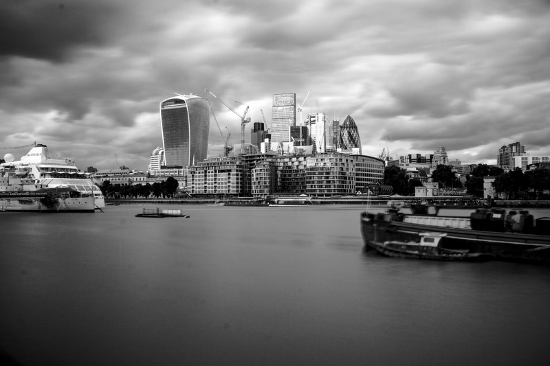office building, office building exterior, cityscape, watercraft, landscape, mode of transportation, united kingdom, grayscale, skyscraper, travel, port