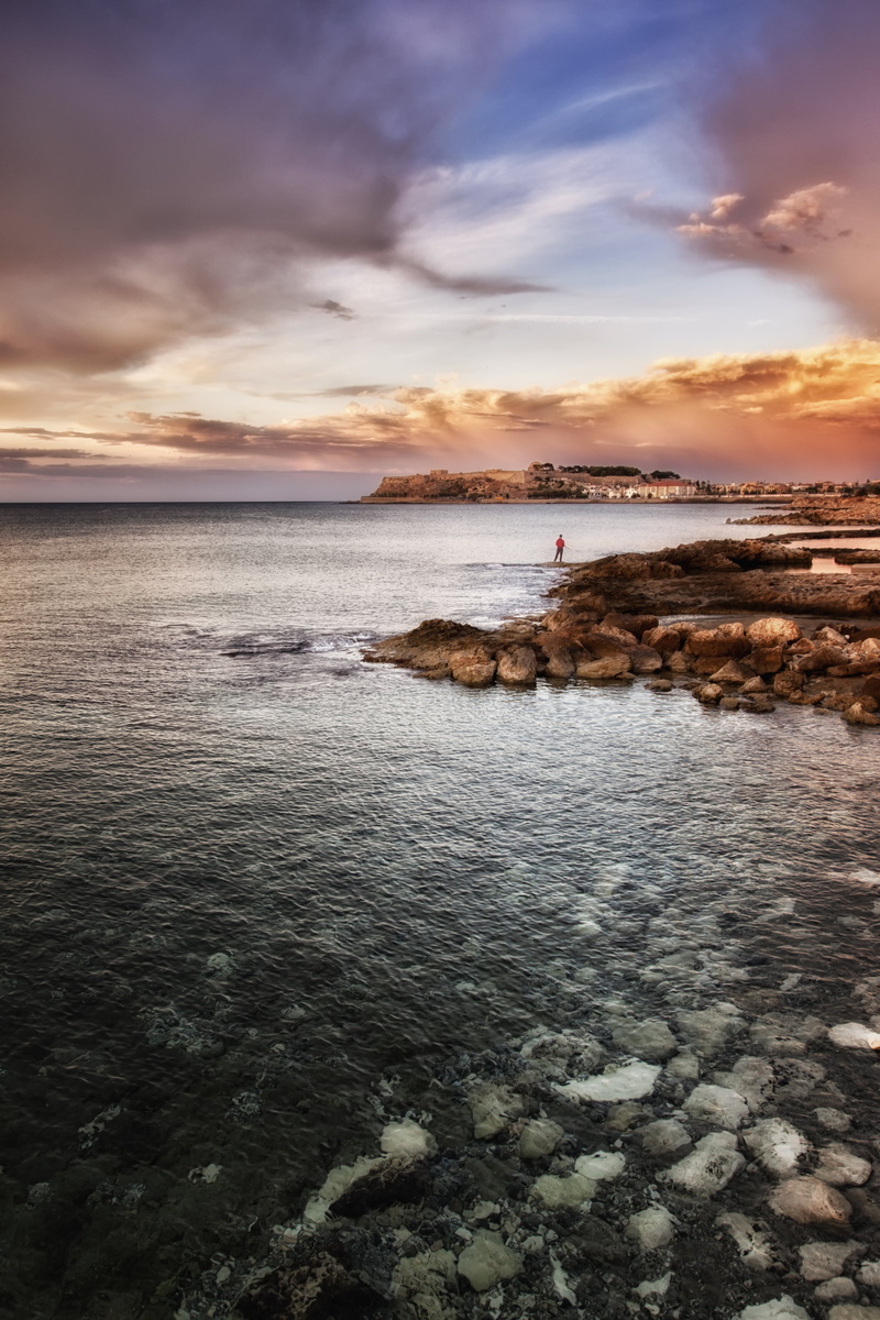 man, sky, Sunset  man, sunset, fortezza, coastline, 4K, near, Κρήτη, water, beach, θάλασσα, ουρανός, rock, nature, Crete, δύση, body, standing, body of water