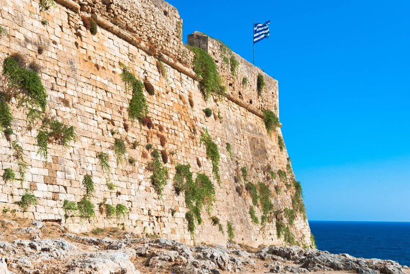 no people, clear sky, blue, solid, monuments, sea, 2K, fortress, castle, Crete, Fortress, Rethymno, day, nature, building exterior, stone wall, low angle view