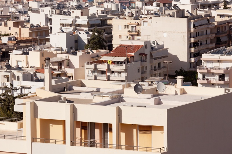 high angle view, greece, balcony, roof, greek, building exterior, city, urban, houses, building, rethymno, buildings, sunlight, hotel, europe, built structure