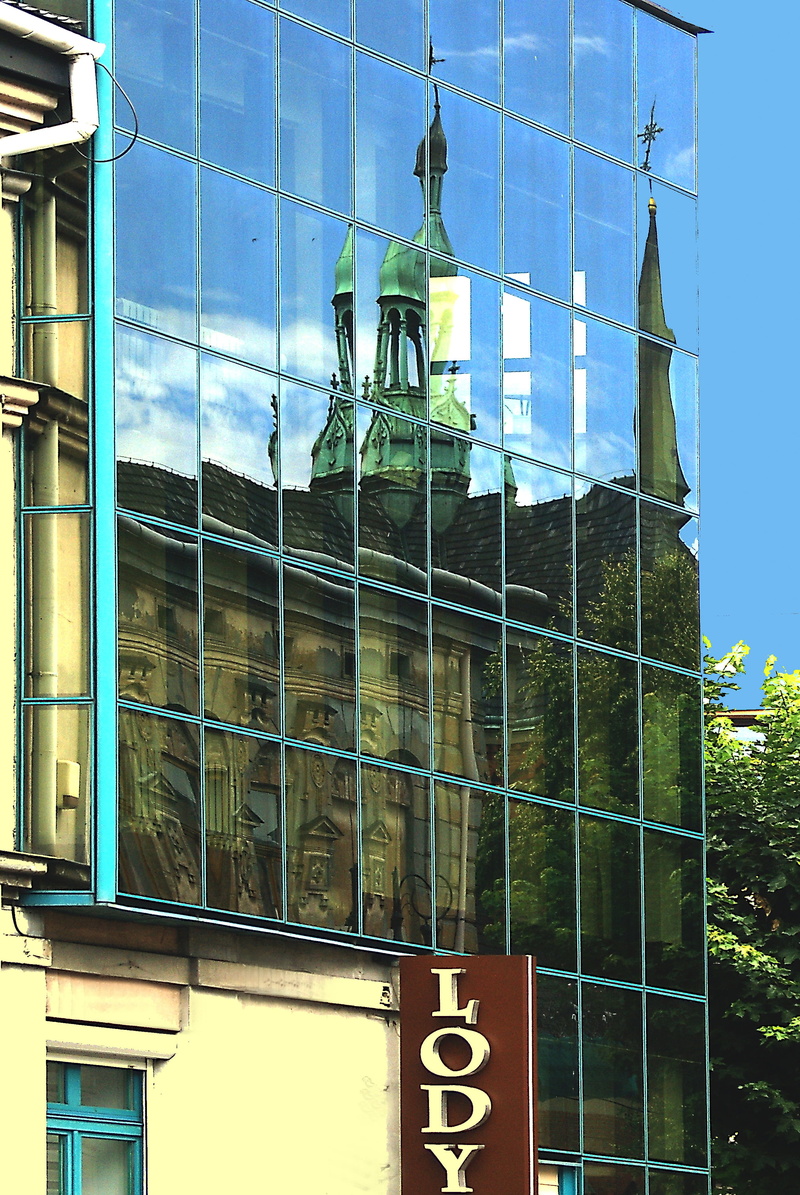 two worlds, glass panes, modern, reflection, the decor, day, glass building, new filtrate, reflections, facade, building, metal, nature, plant, clear sky