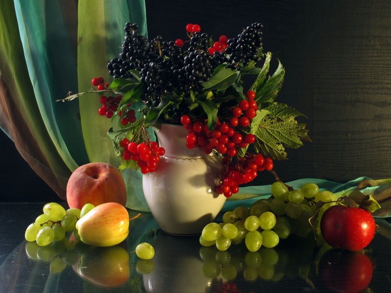 fruit, still life, berries, Apple, apples, peach, vase, 2K, grapes