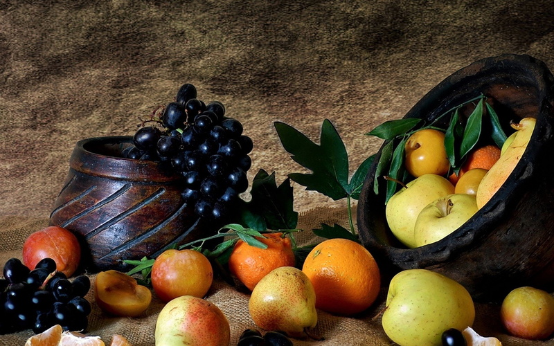 Fruit, Apple, Still Life, 1080P, Grapes, orange (Fruit), Bowl, Food, Vase